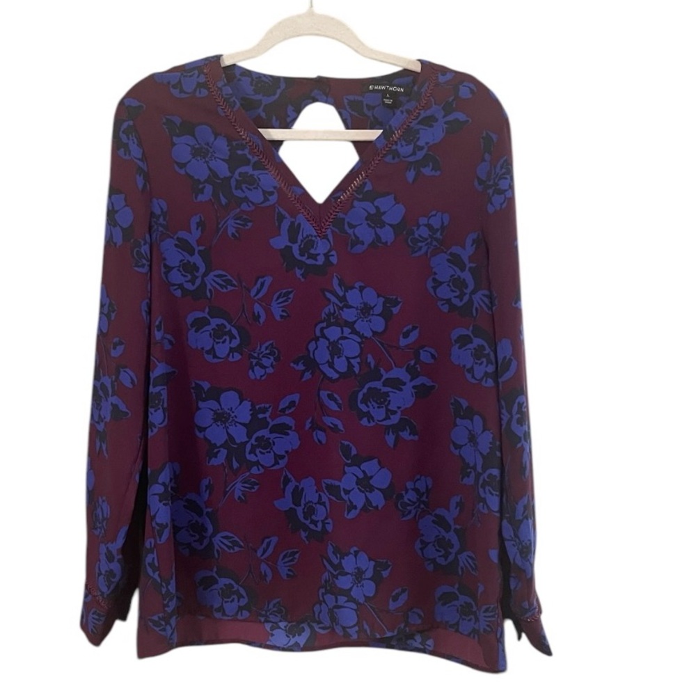 41 HAWTHORN Women Floral V-Neck Long Sleeve Blouse - Purple and Blue Size Large